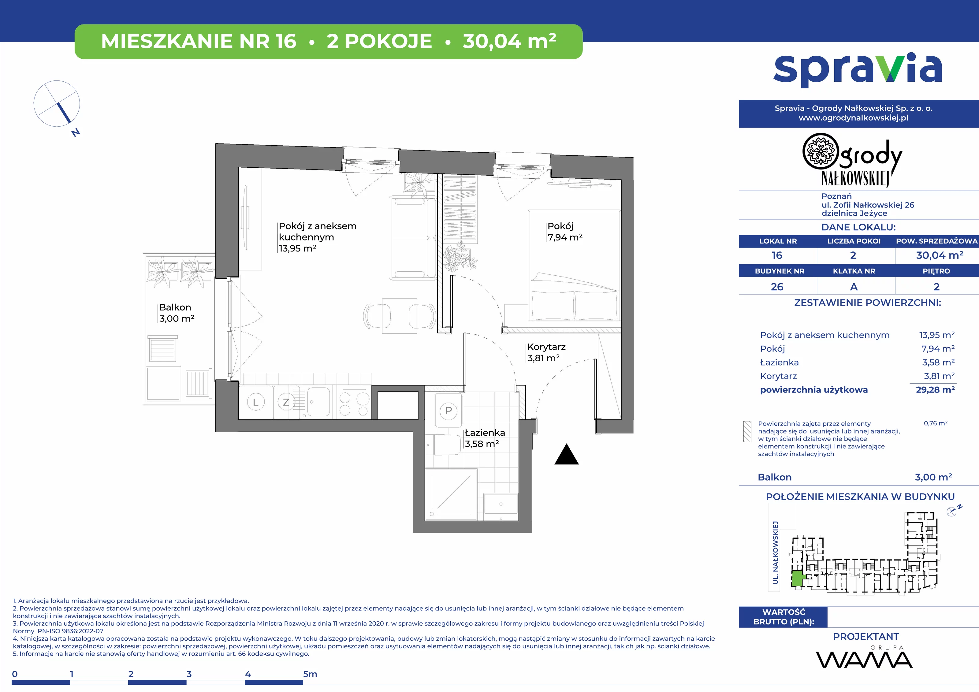 2 pokoje, mieszkanie 30,04 m², piętro 2, oferta nr 26-16, Ogrody Nałkowskiej, Poznań, Ogrody, ul. Nałkowskiej 24, 26